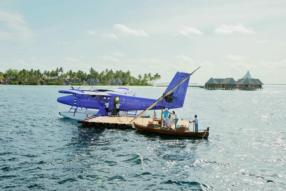 The Nautilus private seaplane docking to welcome guests