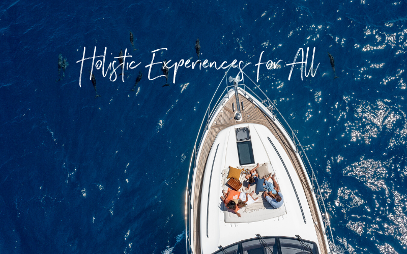 Aerial of a couple lounging on a luxury yacht with dolphins in the water surrounding them