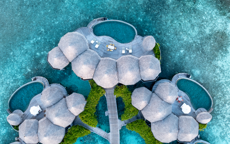 Top down view of the over water retreat and residences at The Nautilus Maldives
