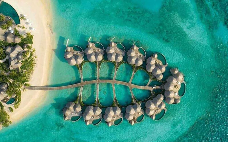 Top down aerial of the overwater houses and residences at The Nautilus