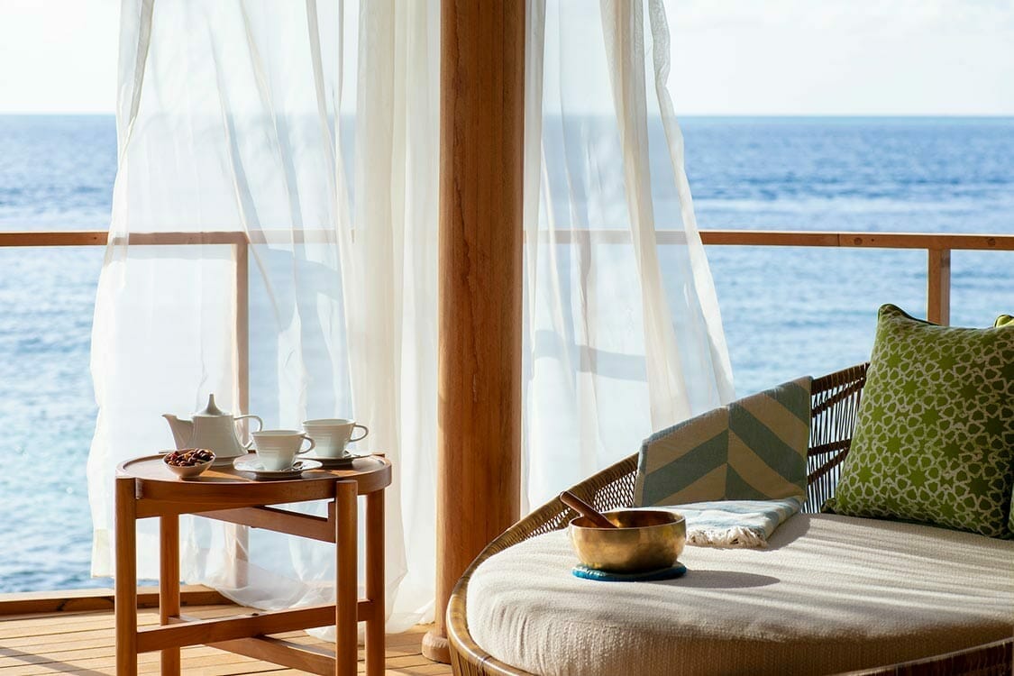 Seating Wooden Deck with Beach Views in Maldives 