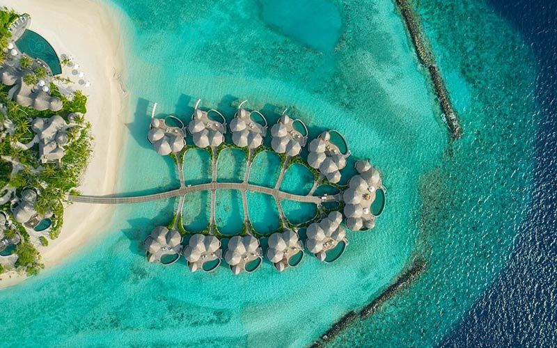 Top down aerial of the overwater houses and residences at The Nautilus
