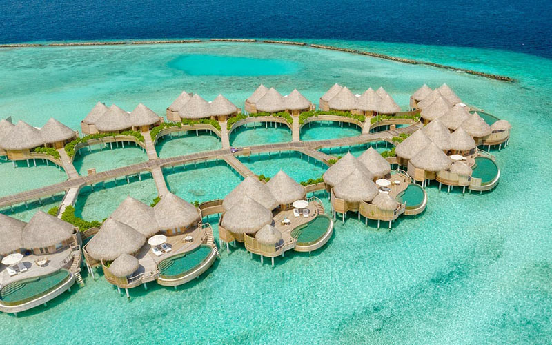 Aerial of the overwater houses and residences at The Nautilus