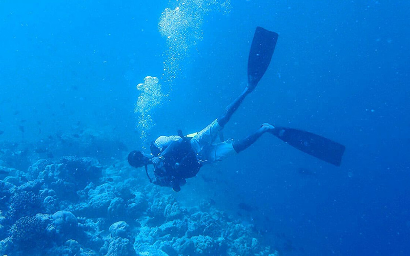 A diver exploring the vibrant marine life and coral at The Nautilus Maldives