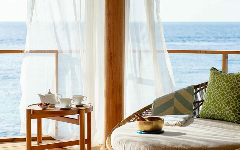 Treatment room lounge area ready to welcome guests with stunning views of the Indian Ocean