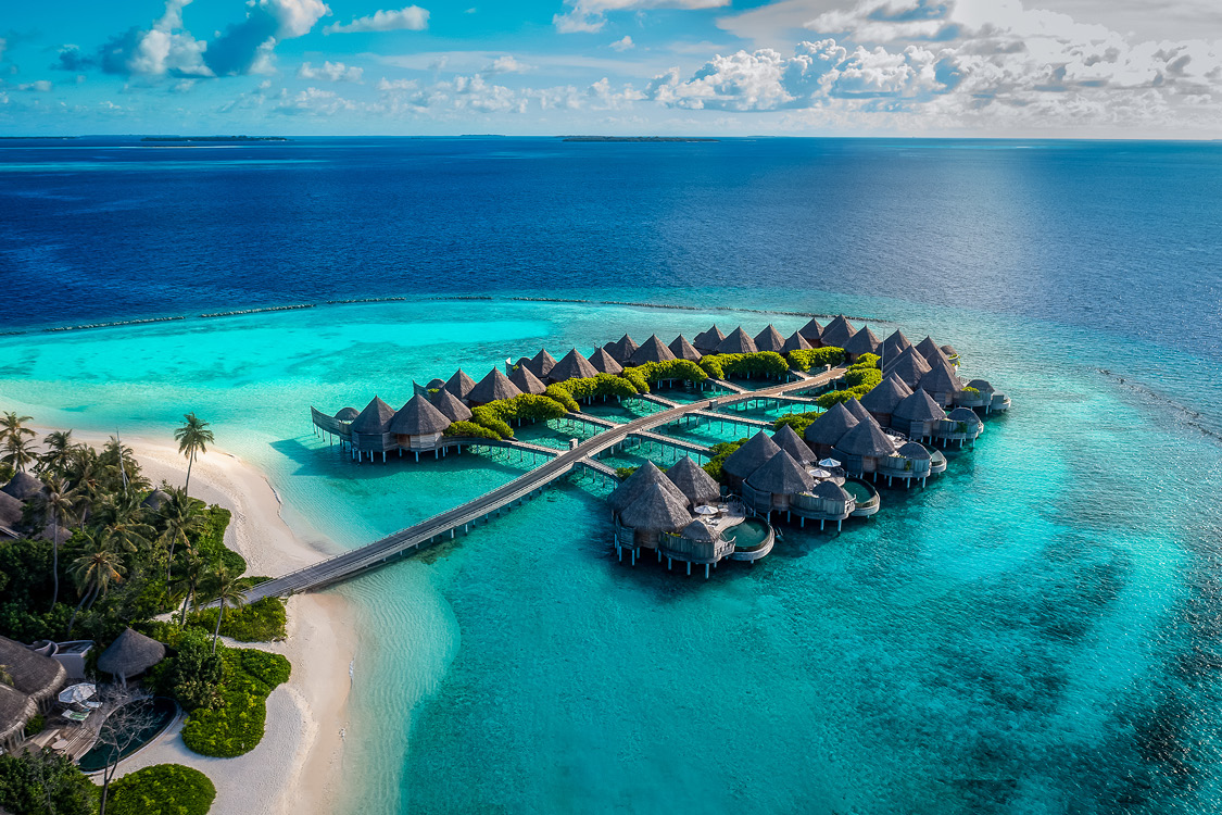 Aerial of the luxurious over water houses and residences at The Nautilus Maldives