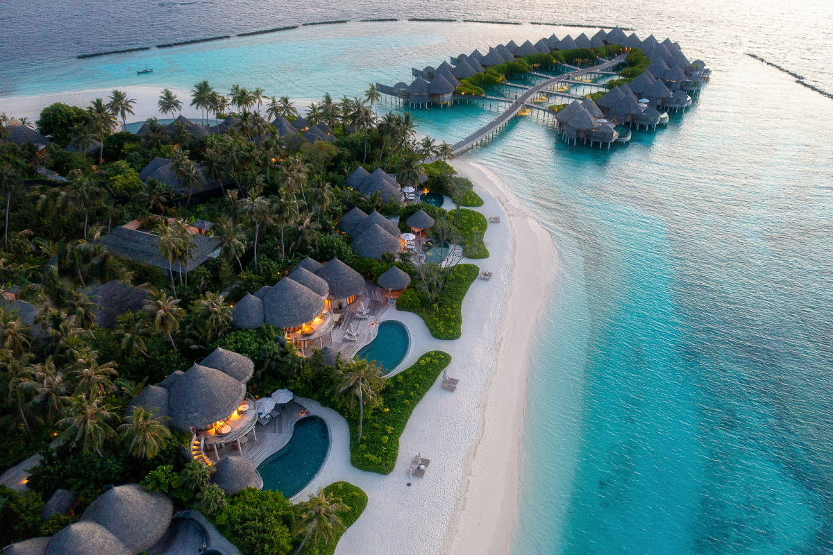 An aerial of the beach houses and ocean houses at The Nautilus Maldives