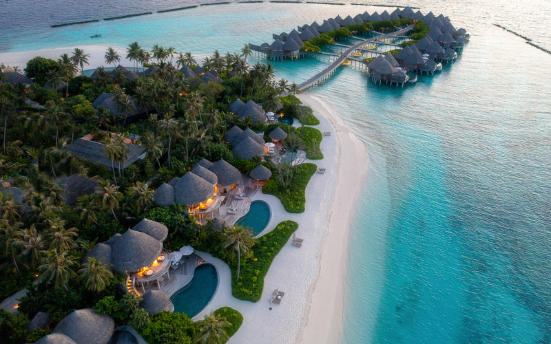 An aerial of the beach houses and ocean houses at The Nautilus Maldives