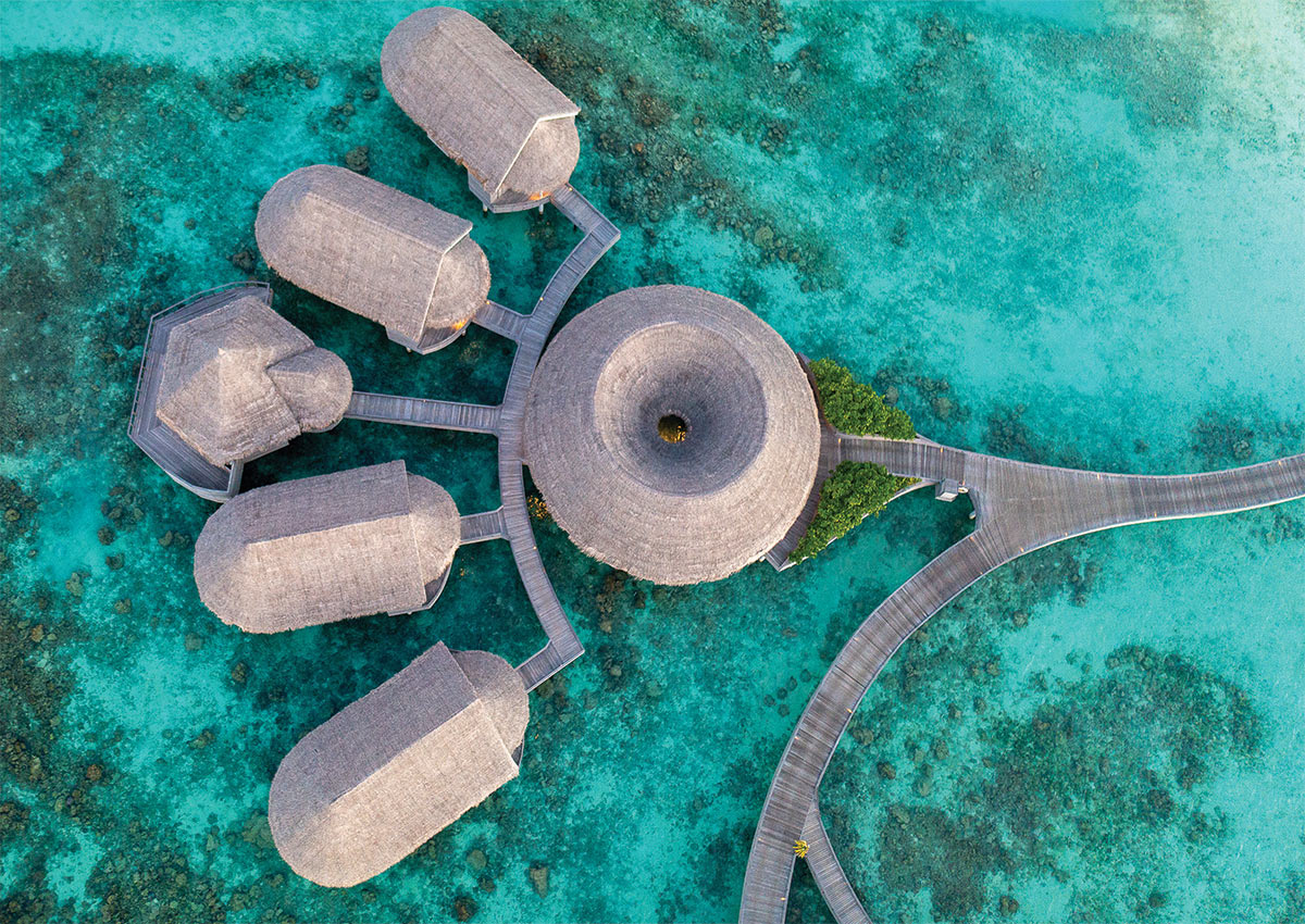 Top down view of the overwater treatment rooms and yoga pavillion at solasta Spa
