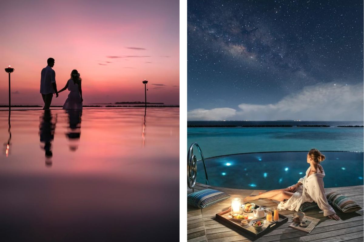 Split shot of couple holding hands and walking at sunset at The Nautilus Maldives and a woman having a meal at night on the front deck of her ocean house