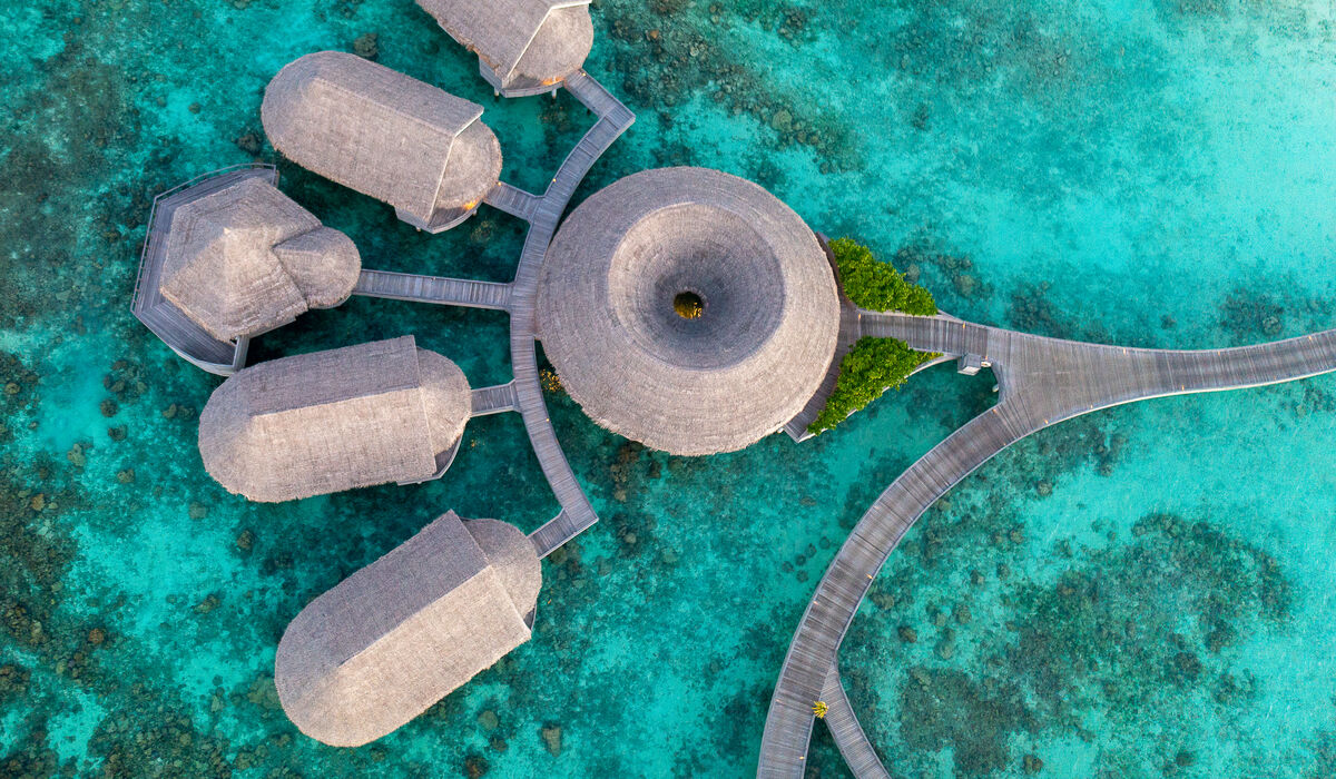 Top down view of the overwater treatment rooms and yoga pavillion at solasta Spa