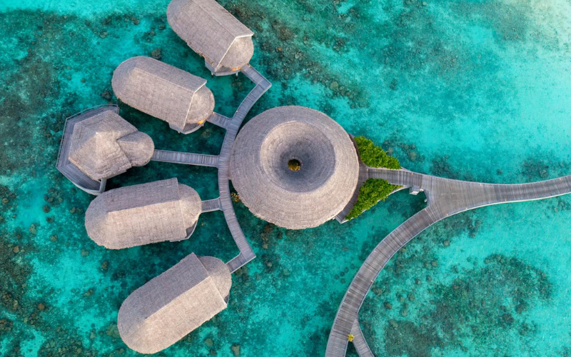 Top down view of the overwater treatment rooms and yoga pavillion at solasta Spa