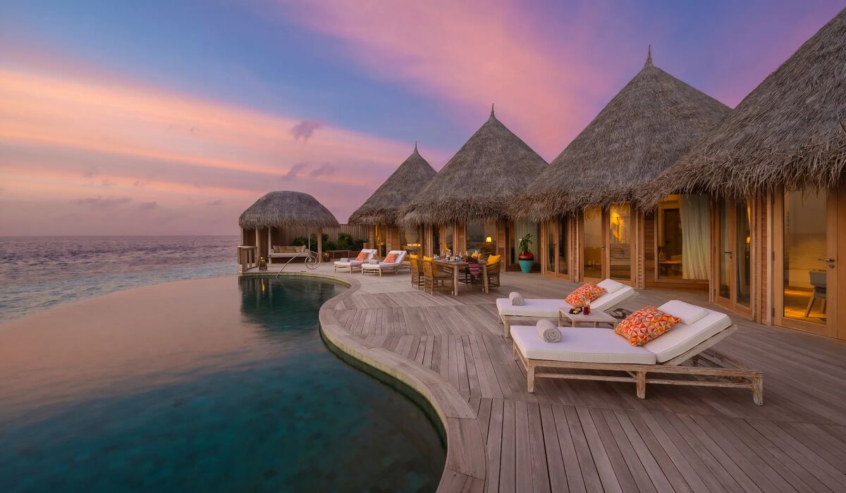 The Nautilus Retreat pool deck at sunset
